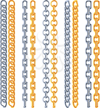 Realistic vector jewelry golden and silver chains. Set of upright jewelry link illustration