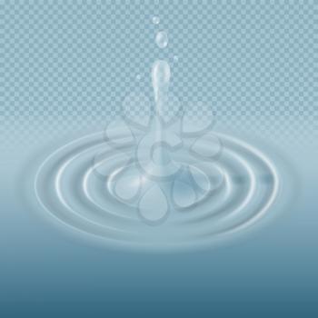 Blue water falling drop with ripple surface vector illustration. Droplet and splashing clean, fresh raindrop