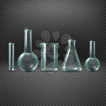 Chemical realistic test tubes vector set. Beaker glass for analysis and medicine experiment illustration