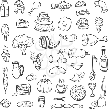 Food, vegetables, drinks, snacks, fast food doodle sketch hand drawn vector icons. Sketch drawing burger lunch and dinner illustration