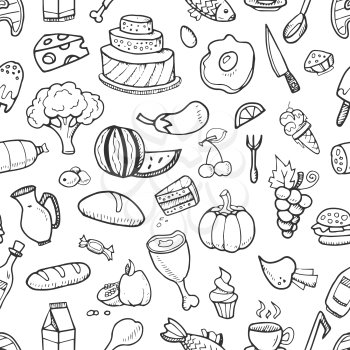 Doodle food ingredients, drinks and vegetables seamless pattern for menu design. Sketch background with food, vector drawing food illustration