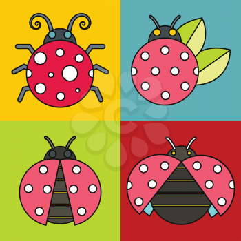 Ladybug icons with black stroke on color background. Vector illustration