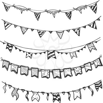 Holiday garlands with light bulbs party lights and flags hand drawn, sketch vector set. Decoration to event birthday celebration illustration