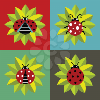 Ladybugs in green leaves isolated on color background. Vector illustration