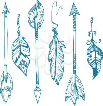 American indians feather arrows vector set, old tribal feathers hipster decoration. Hipster vintage element arrow illustration