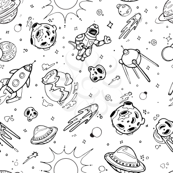 Space texture with planets, stars, spaceships. vector seamless doodle pattern. Space ship and comet pattern doodle, science space galaxy hand drawn illustration