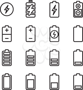 Electric battery, phone charging thin line vector icons. Electricity energy power, accumulator level charger illustration