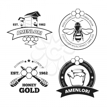 Retro beekeeper, honey vector emblems, logos in black isolated. Honeycomb linear vintage style illustration