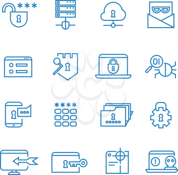Internet protection and social security outline vector icons. Internet security system, web shield firewall for internet illustration