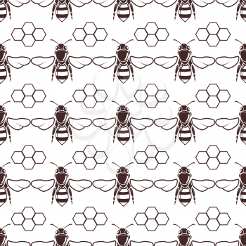 Bee and honey vector seamless background in brown over white illustration