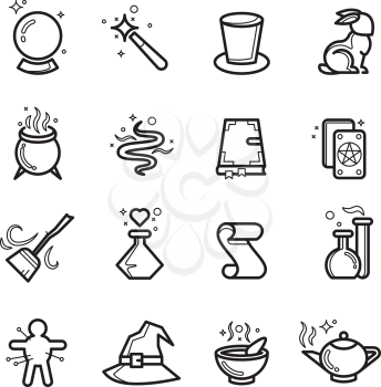 Magic and magician tools thin line vector icons. Bottle with magic potion, vector linear flask for magic illustration