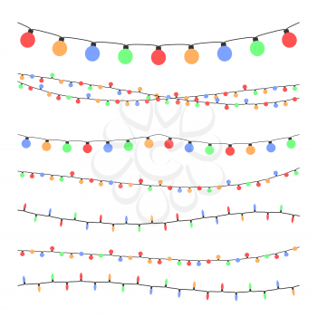 Christmas holiday garland lights in flat style vector set. Colored garland balls, glitter hanging color garland illustration