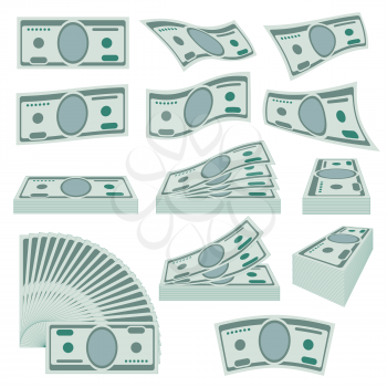 Us dollars, money stacks vector set. Banknote money paper, illustration finance currency cash money