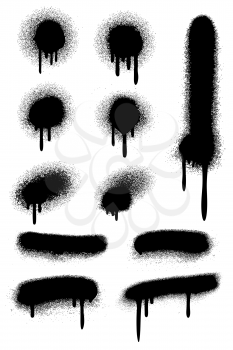 Black spray paint with paint drips isolated on white vector set. Stain ink dirty illustration