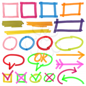 Highlighter marks, stripes, strokes, frames, speech bubbles, crosses, ticks and arrows vector set. Elements drawn with colored marker illustration