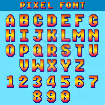 Pixel 8 bit letters and numbers vector game font, digital alphabet, typeface. Alphabet and number typeface illustration