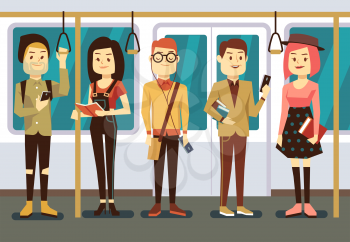Man and woman with smartphone, gadgets and book in public transport vector illustration. Reading and use smartphone passenger