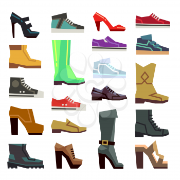 Different footwear casual shoes vector set. Fashion boot to man or woman illustration