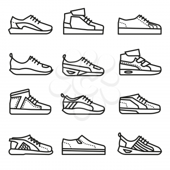 Sneakers, running shoes vector thin line icons set. Linear group of footwear illustration