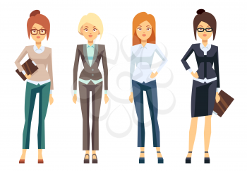 European businesswoman clothes, young female professional woman vector set. Secretary and manager illustration
