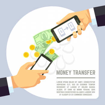 Sending and receiving money wireless with mobile phones and banking payment apps vector concept. Transaction use smartphone and electronic technology illustration