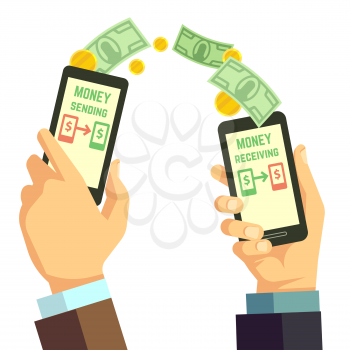 Wireless sending money with smartphone vector banking concept. Receiving and sending processing cash illustration