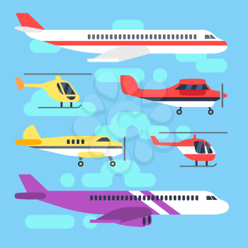 Aircraft, airplane, plane, helicopter for transportation and air trip. Flat icons vector illustration set