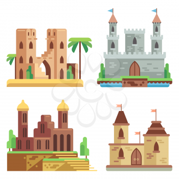Castles and fortresses flat vector icons set. Cartoon fairy medieval castles with towers. Royal kingdom palace and stronghold illustration