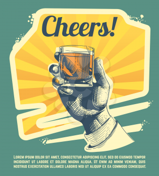 Hand with drink glass. Retro vector party poster. Cheers banner party, hand with strong whisky illustration
