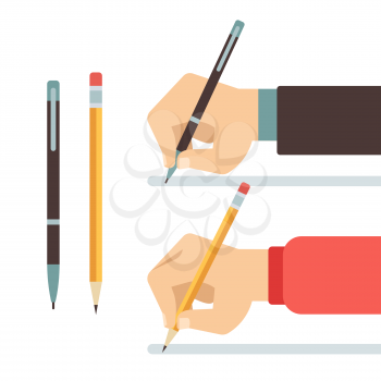 Cartoon writing hands with pen and pencil flat vector illustration. Writing with pencil or pen. Hand hold pen and write