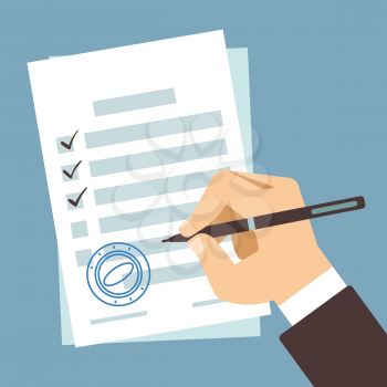 Male hand signing document, man writing on paper contract, hand filling tax form vector illustration. Paper document and businessman writes tax form