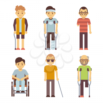 Disabled people vector set. Old and young invalid persons. Invalid in wheelchair, disability character invalid man illustration