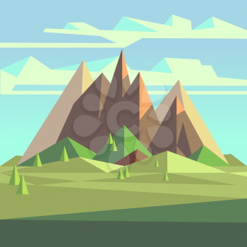 Origami landscape in 3d low poly style with mountains, trees and sky. Polygon geometric mountain, landscape with mountains illustration