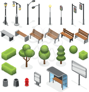 Isometric city street outdoor objects vector set. Green tree and signboard structure illustration