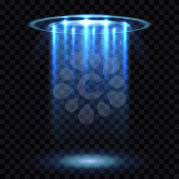 UFO light beam, aliens futuristic spacecraft isolated on transparent checkered background vector illustration. Saucer transport in dark