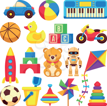 Cartoon children toys vector icons isolated on white. Cartoon baby toys ball and bear, illustration of funny toy game