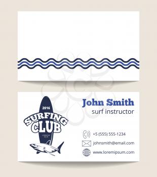 Surfing club business card template with logo. Poster surfing club. Vector illustration