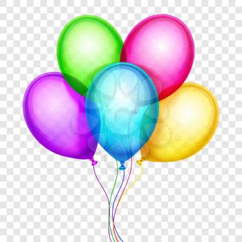 Vector colorful balloons, birthday decoration isolated on transparent background. Birthday balloon color, helium balloons flying illustration