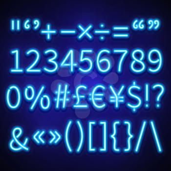 Glowing neon numbers, text symbols and currency signs vector typeset, font. Neon signs of currency dollar and euro, brackets neon and symbol percentage illustration