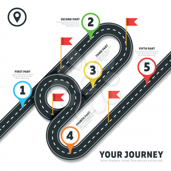 Journey road map business vector cartography infographic template with pins and flags. Map with road to business, cartography map with flag and pins illustration