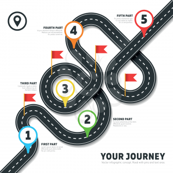 Navigation winding road vector way map infographic. Roadmap business info, plan road map for business illustration