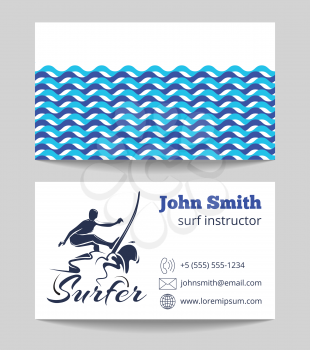 Surf instructor business card both sides template. Company surfing business. Vector illustration