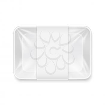 White transparent empty disposable plastic food tray container vector mockup. Protection box for supermarket illustration