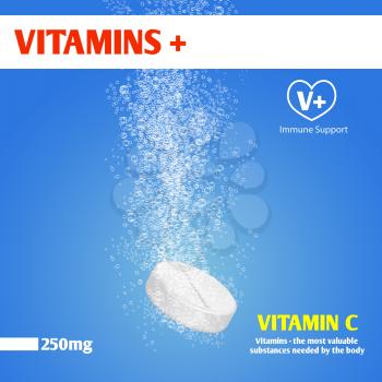Effervescent soluble pills vector packaging template. Immune support banner with vitamins illustration