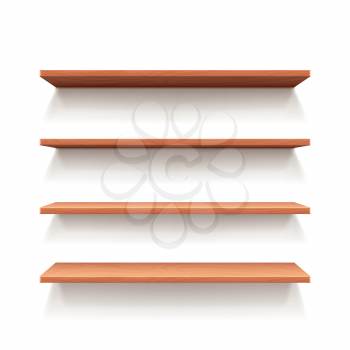 Empty wall book shelf, wood shelves for shop and store interior design. Vector illustration