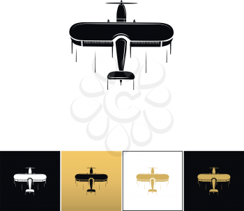 Airplane logo or flight travel tourism vector icon. Airplane logo or flight travel tourism program on black, white and gold background