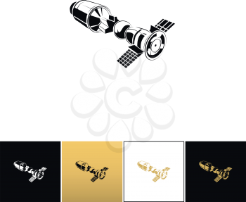 Space station vector icon. Space station program on black, white and gold background