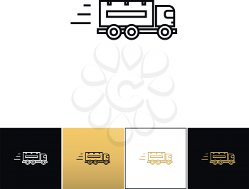 Speeding delivery symbol or truck linear vector icon. Speeding delivery symbol or truck linear program on black, white and gold background