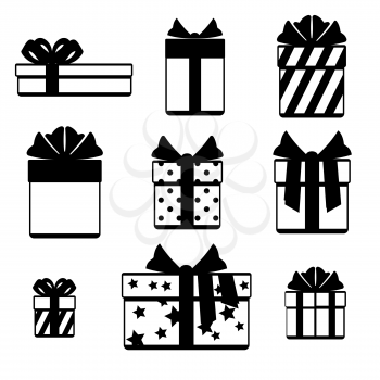 Gift boxes with ribbon bows icons set isolated over white. Gift icon with bow ribbon. Vector illustration
