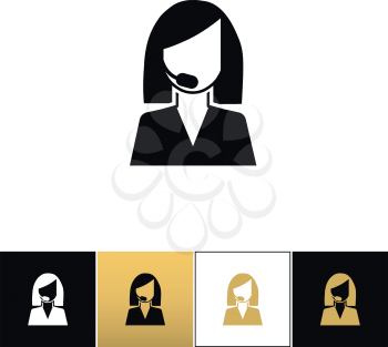 Support woman avatar vector icon. Support woman avatar program on black, white and gold background